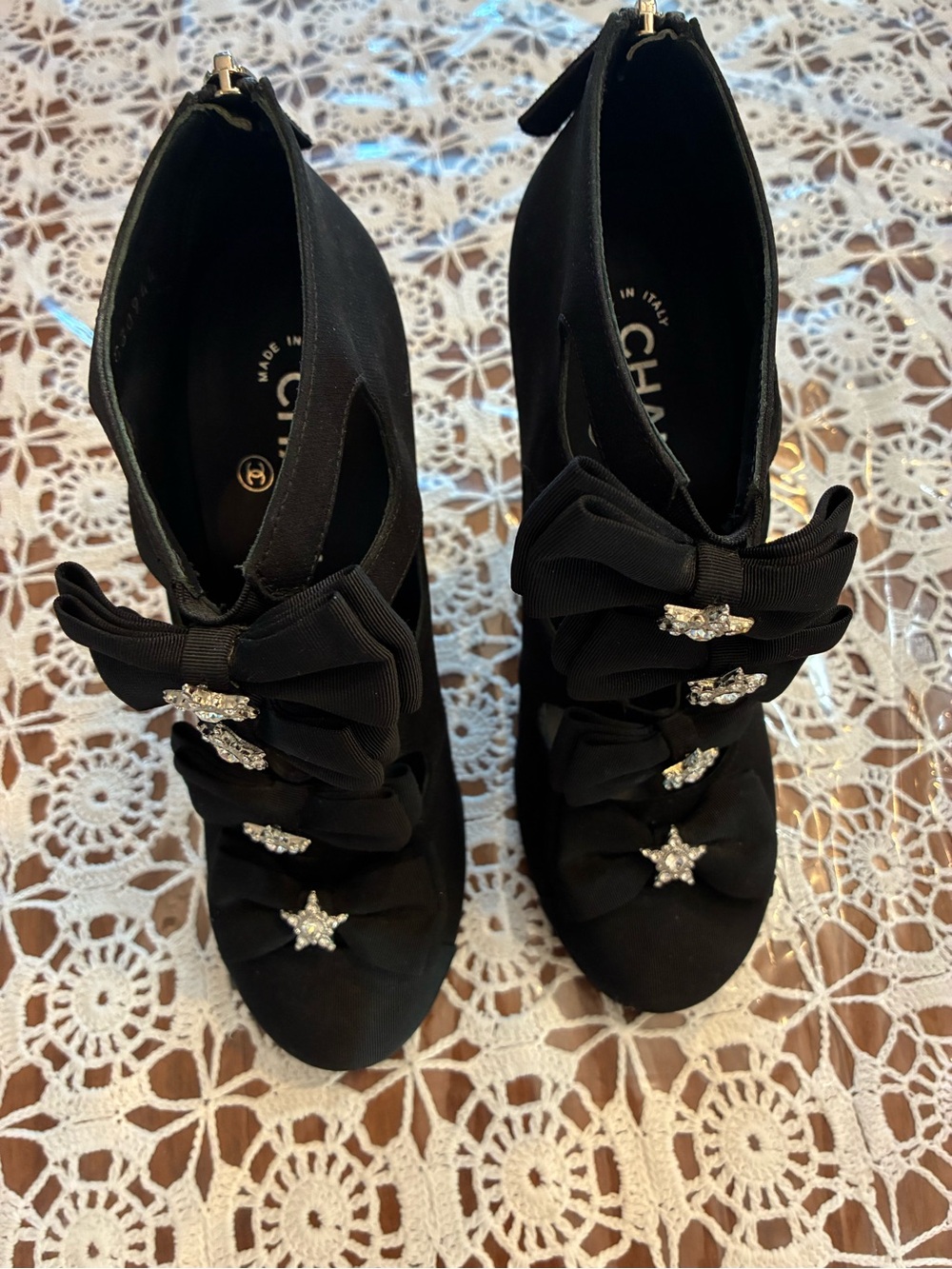 CHANEL Black Bow and Crystal Star Ankle Boots